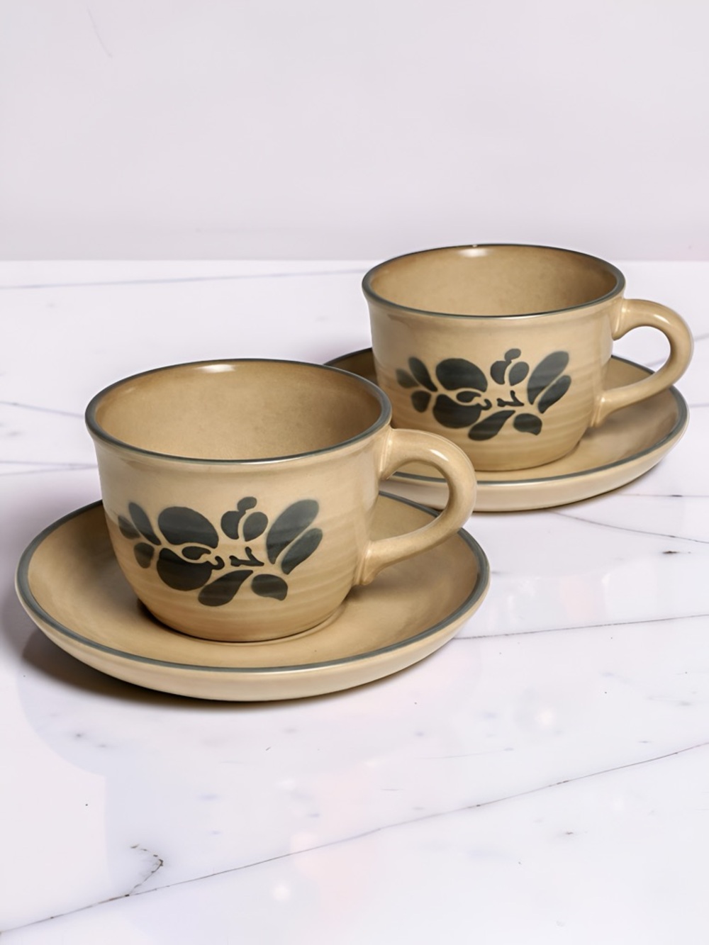 Pfaltzgraff Folk Art Tea Cups & Saucers Set of 2 Tan Blue Stoneware VTG 1980s